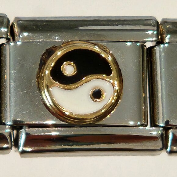 Ying Yang Italian Link Stainless Steel Charm for Bracelet 9mm 18K Gold Trim NEW - Picture 1 of 2
